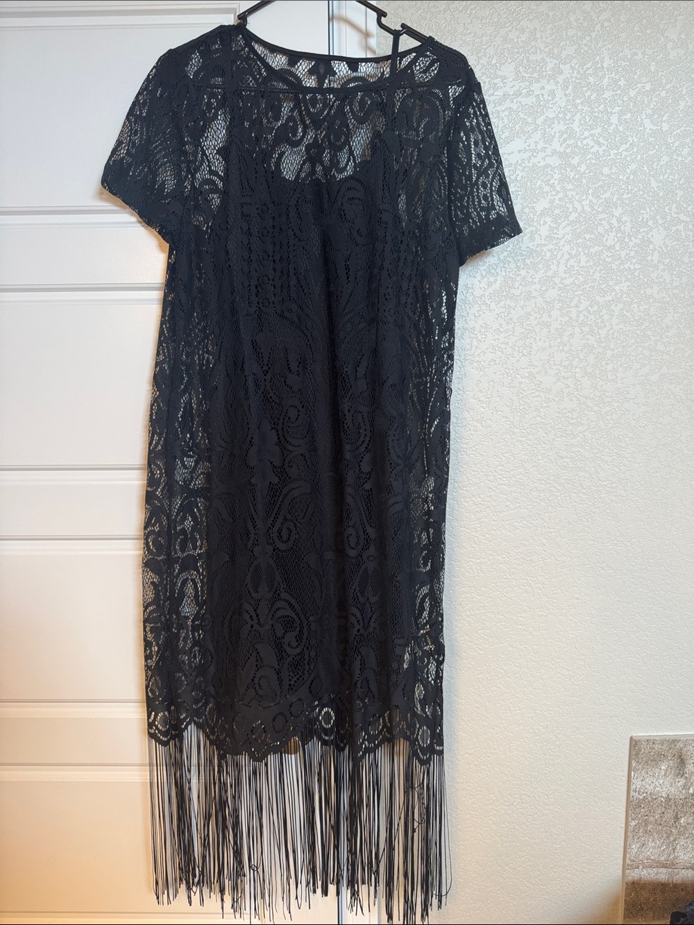 SHEIN Black Lace Fringe Short Sleeve Dress